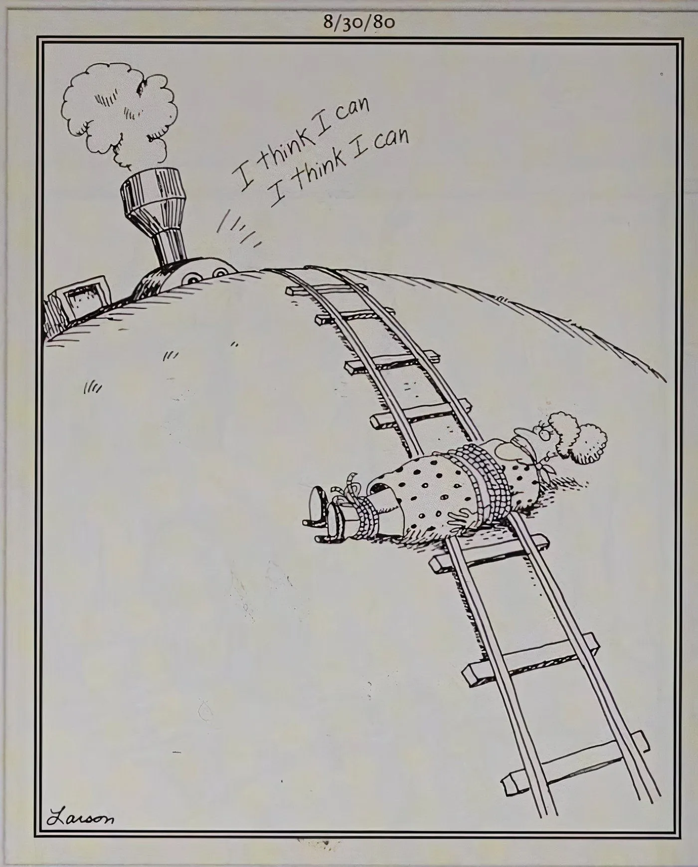 La pequeña locomotora que sí pudo está a punto de atropellar a una mujer atada a las vías en The Far Side.