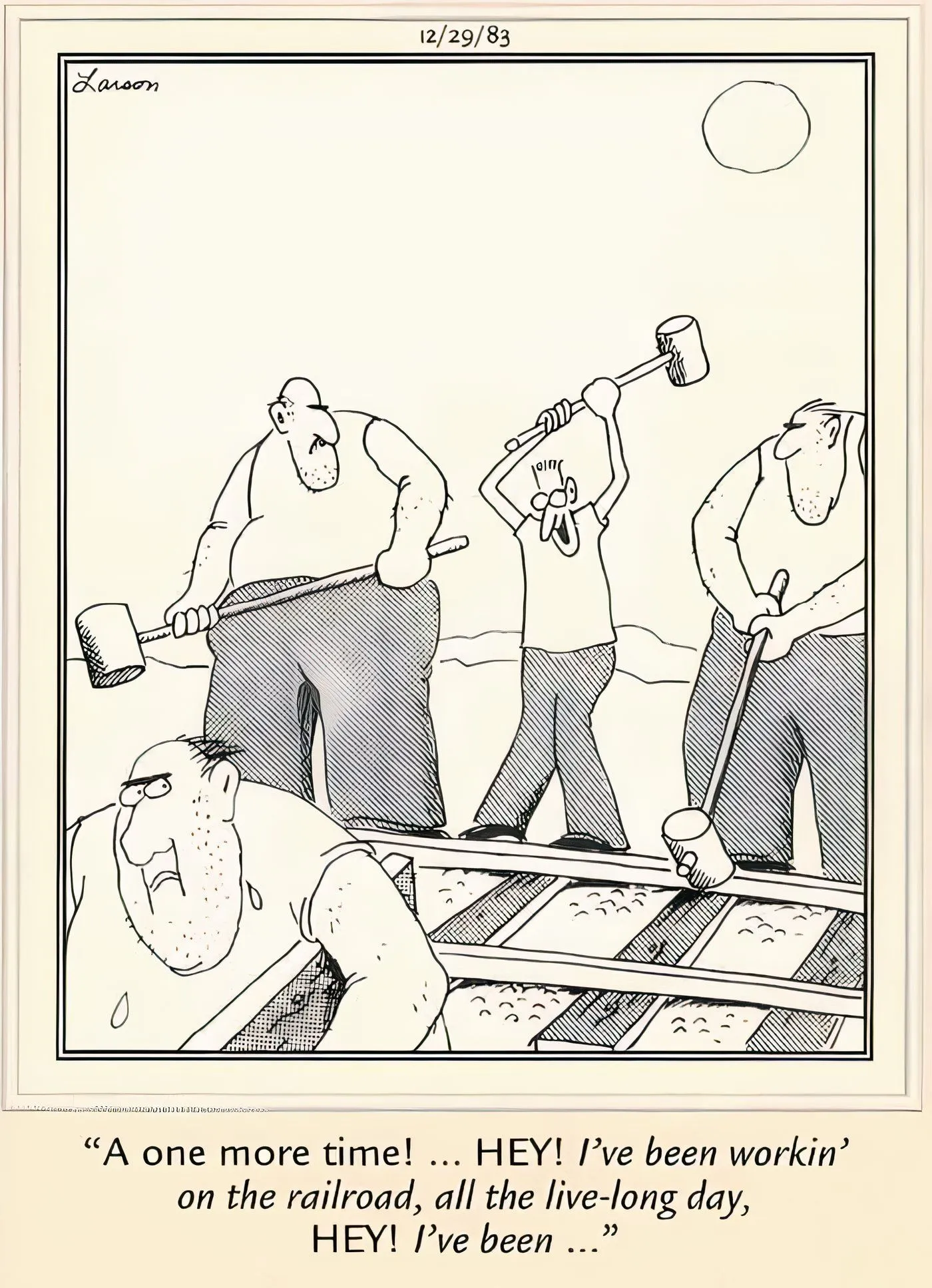 Un grupo de trabajadores del ferrocarril haciendo su trabajo en The Far Side.