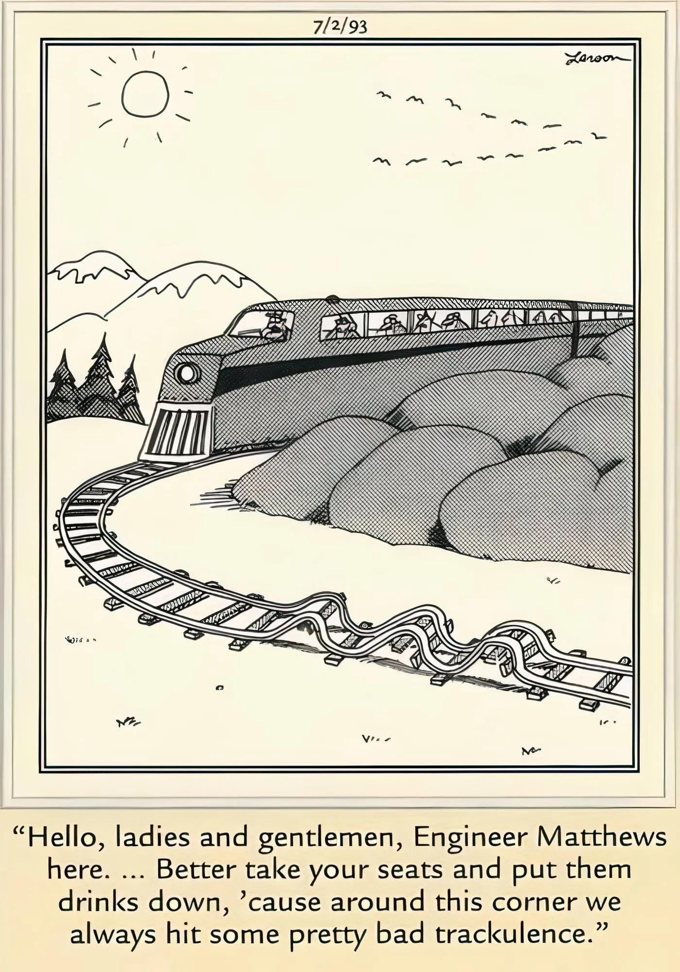 Un tren circulando por vías llenas de baches en The Far Side.