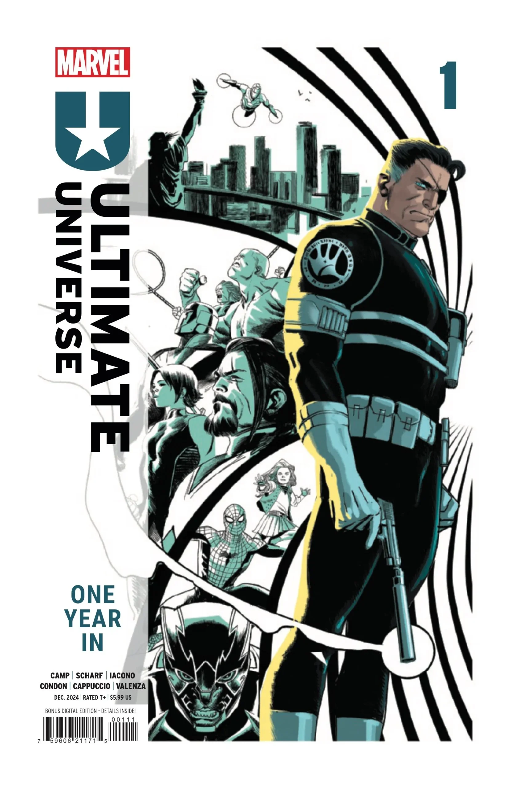 Ultimate Universe: One Year In #1-Cover von Rafael Albuquerque – Nick Fury vor Charakteren auf der anderen Seite der Erde-6160