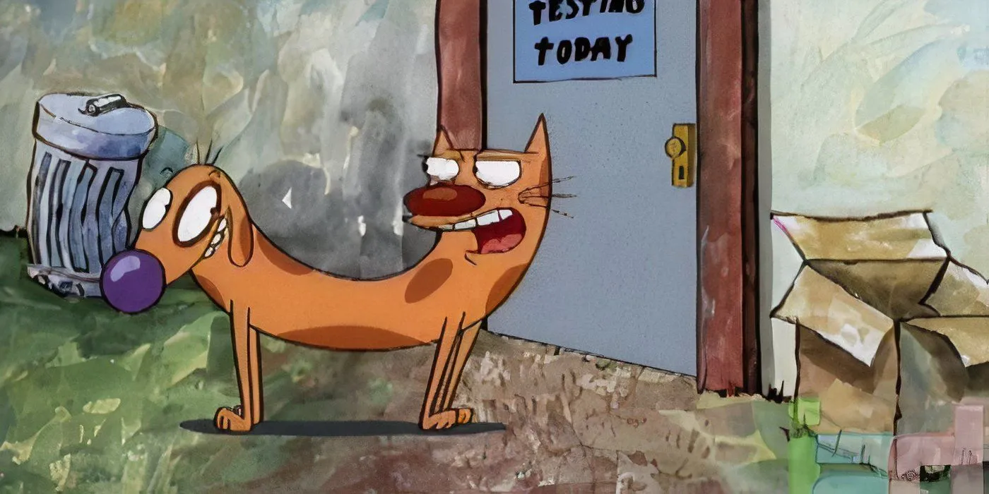 Un chat et un chien se disputent devant une porte avec un panneau indiquant « Test de nourriture pour chat aujourd'hui » dans CatDog de Nickelodeon