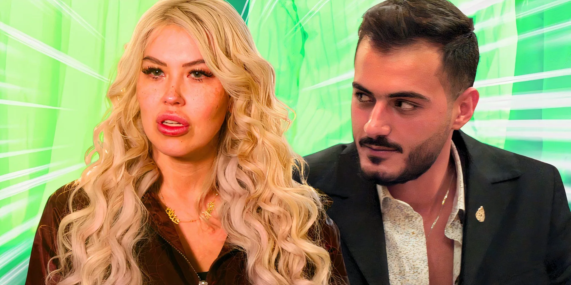 Die Stars der 90 Day Fiance-Reihe, Tigerlily Taylor und Adnan Abdelfattah, beide lächelnd und mit grünem Hintergrund