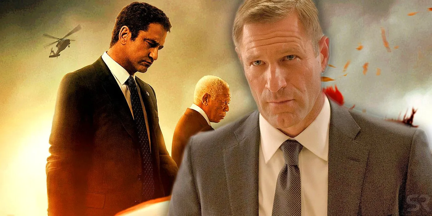 Aaron Eckhart accanto al poster di Angel Has Fallen