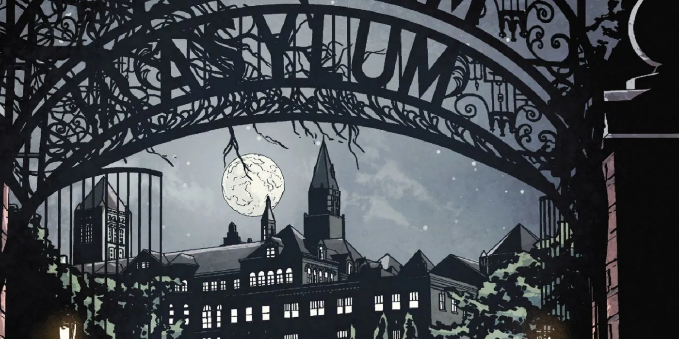 Comic-Kunst: eine Nachtaufnahme von Arkham Asylum in Gotham City in DC Comics