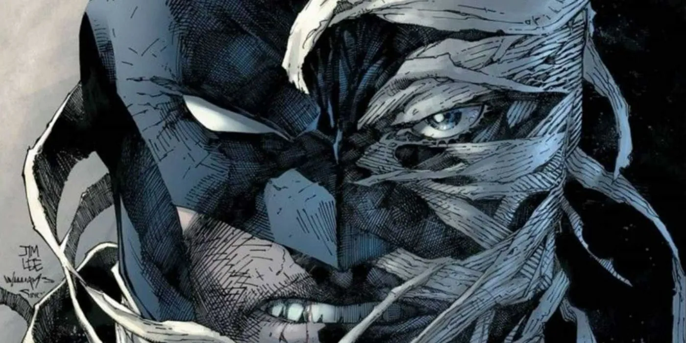 Illustrazione di un fumetto: i volti di Batman e Hush divisi da Jim Lee.