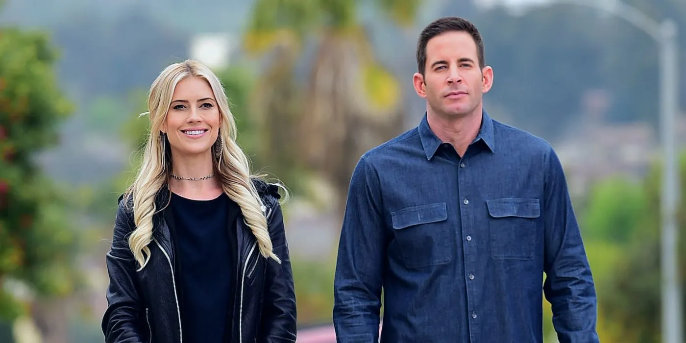 Christina Anstead and Tarek El Moussa on Flip or Flop walking outside