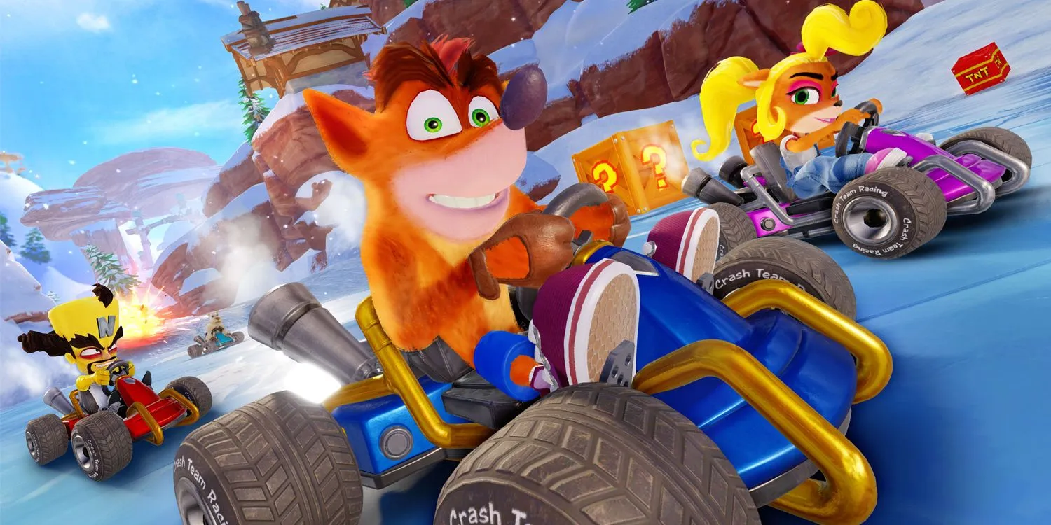 I corridori nel tracciato di Blizzard Bluff di Crash Team Racing Nitro-Fueled