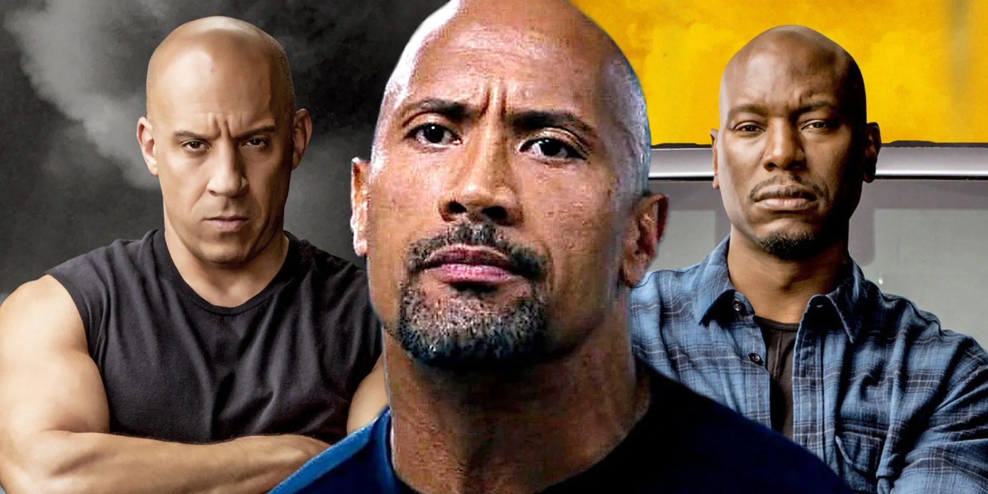 Dwayne The Rock Johnson als Luke Hobbs, Vin Diesel als Dominic Toretto und Tyrese Gibson als Roman Pearce wirken in Fast and Furious ernst