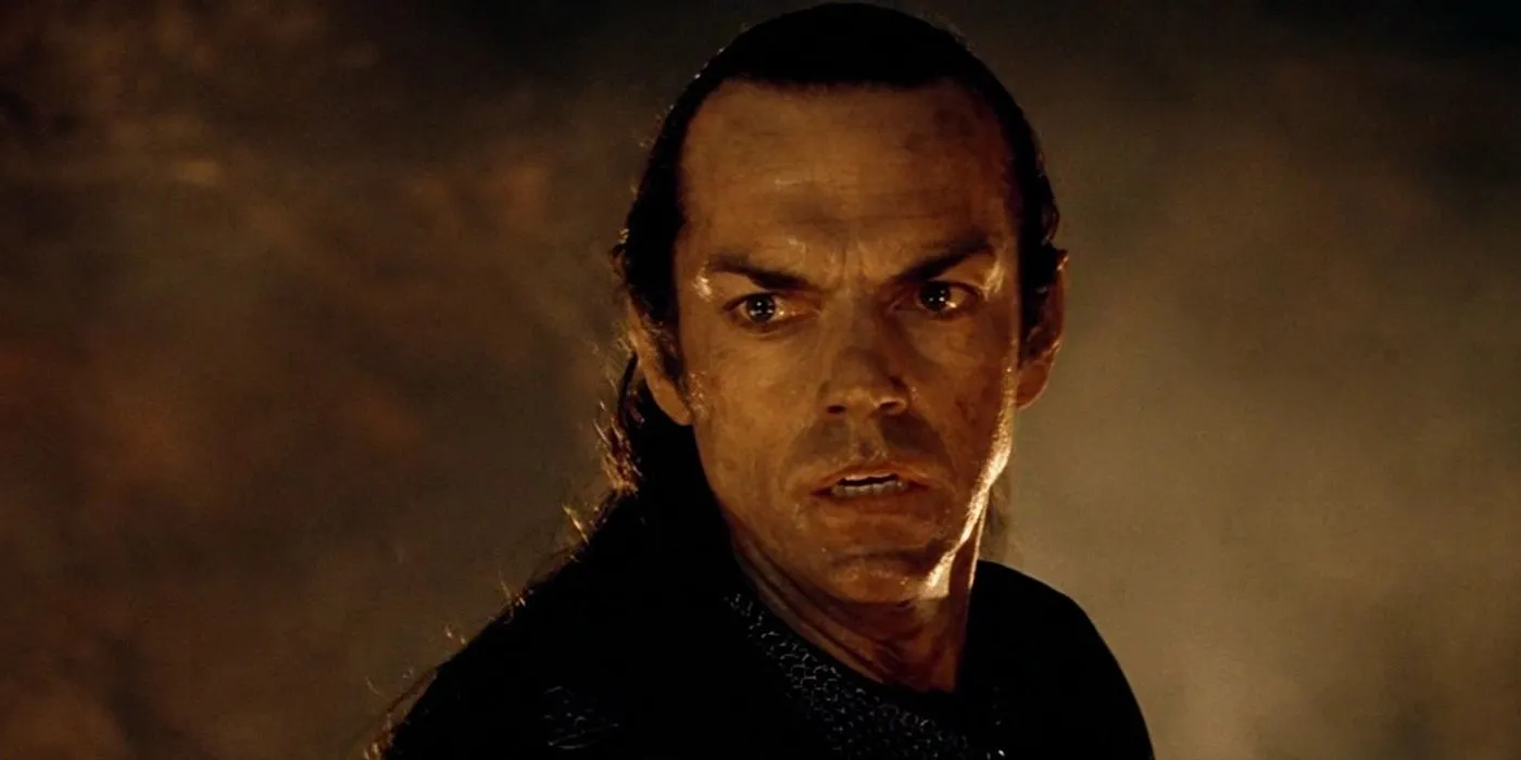 Elrond recouvert de cendres sur le Mont Doom dans Le Seigneur des Anneaux : La Communauté de l'Anneau.