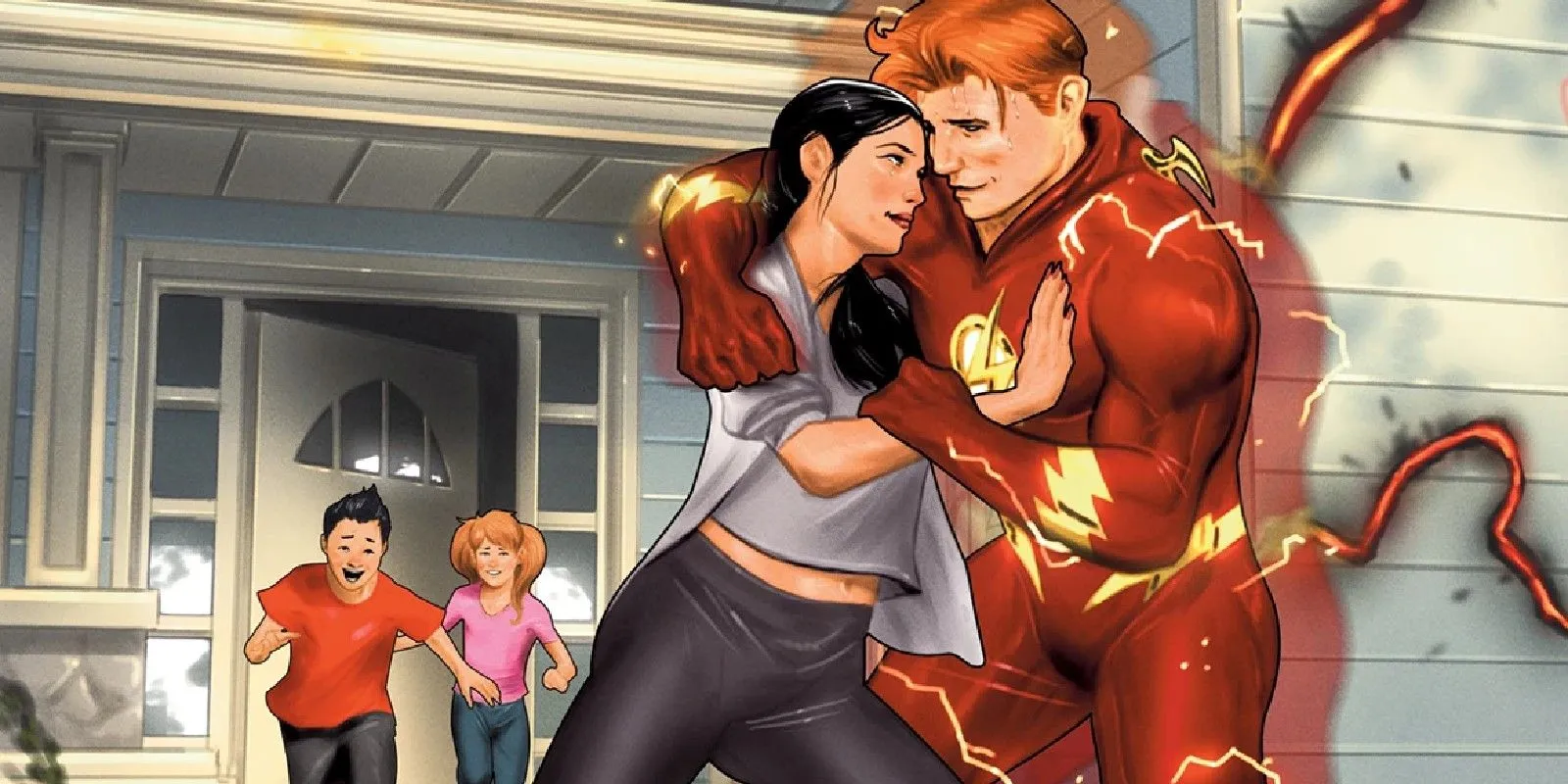 Flash Wally West przytulający Linda Park z dziećmi w tle