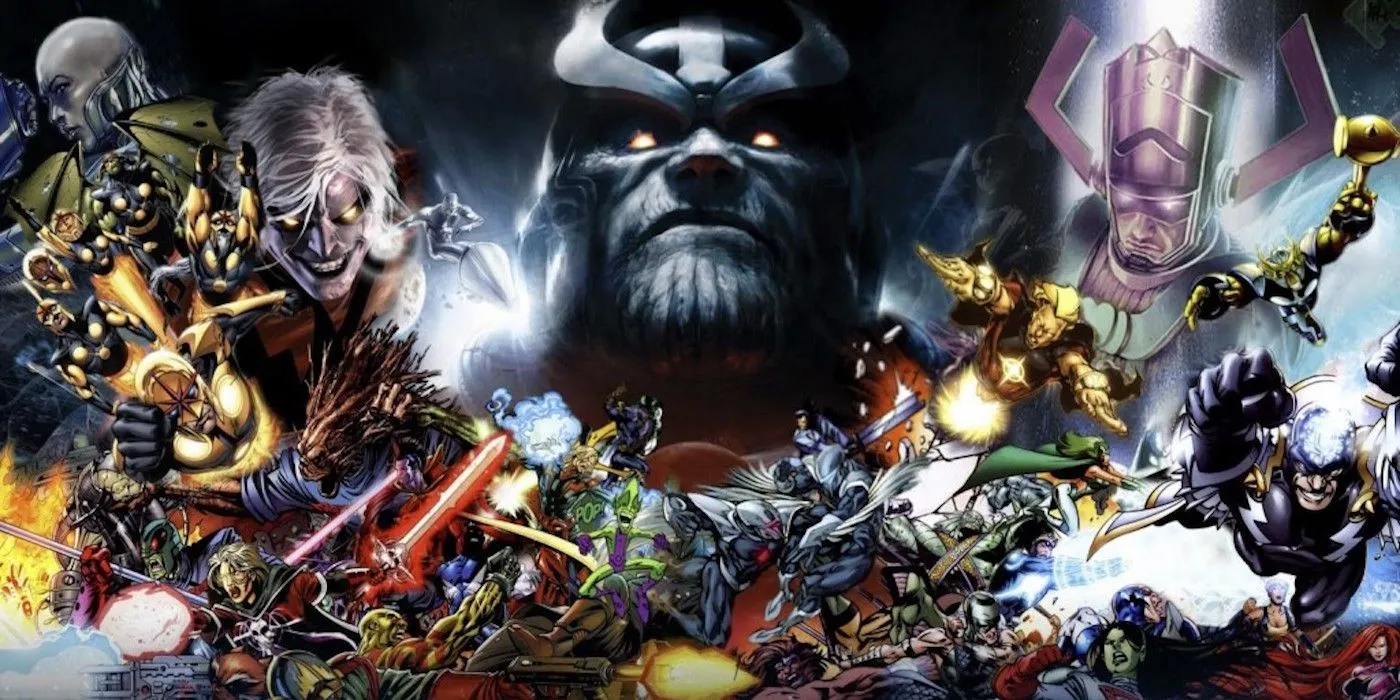 만화책 아트: Marvel's Annihilation 만화 속 Guardians of the Galaxy, Thanos, Galactus, Silver Surfer, Nova, Inhumans