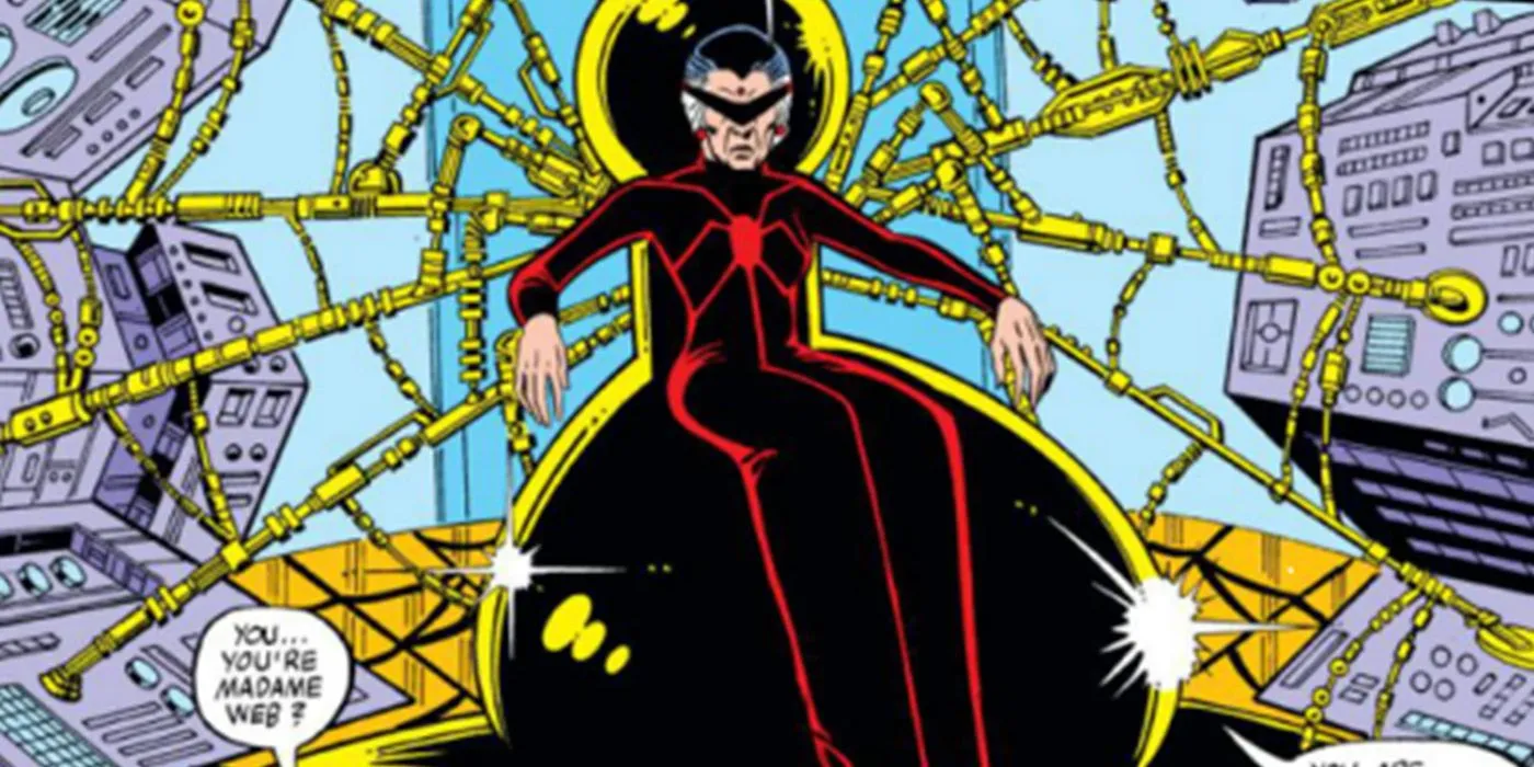 Madame Web sitzt auf ihrem Netzthron aus Marvel Comics.