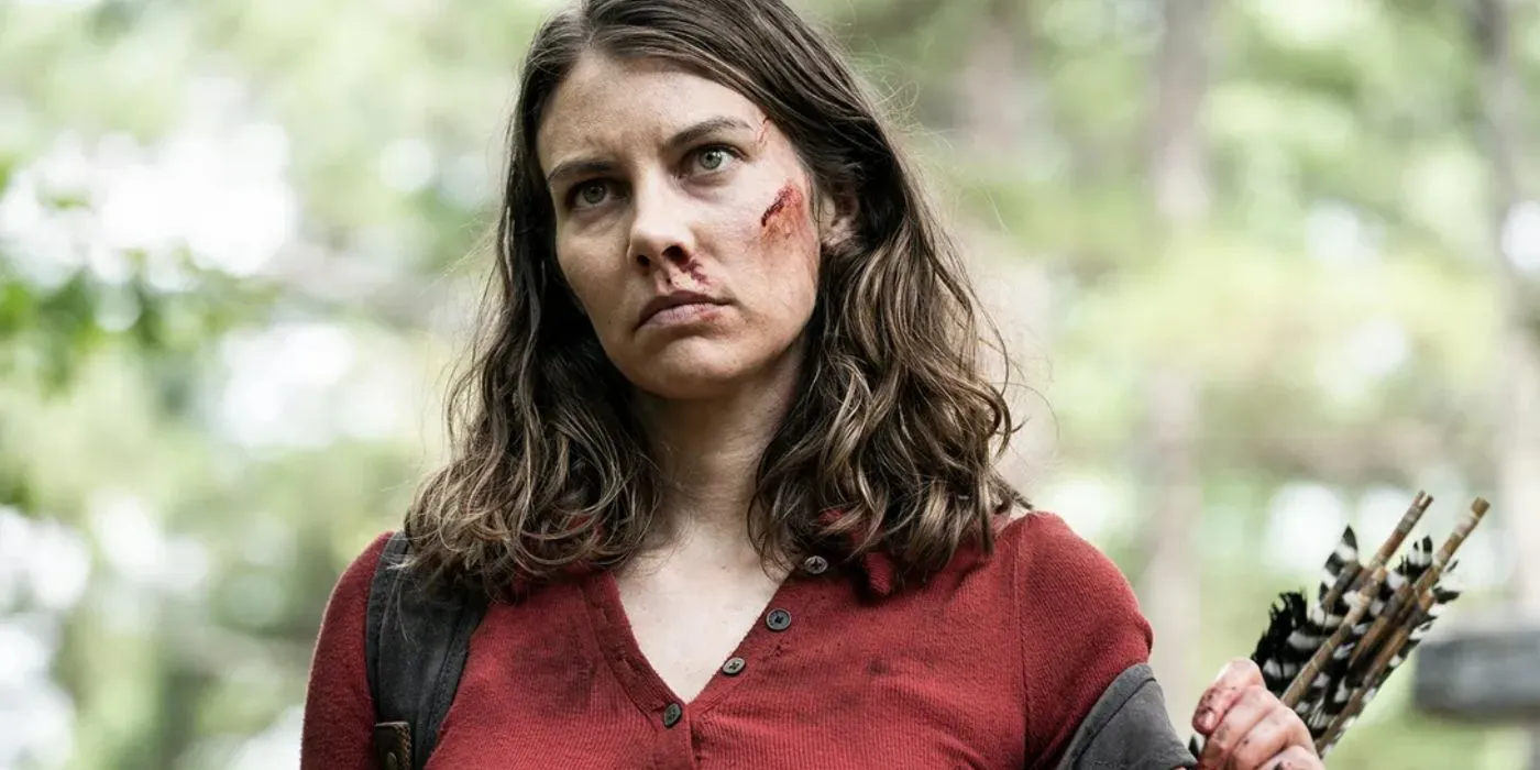 Maggie parecendo irritada com um arranhão no rosto em The Walking Dead.