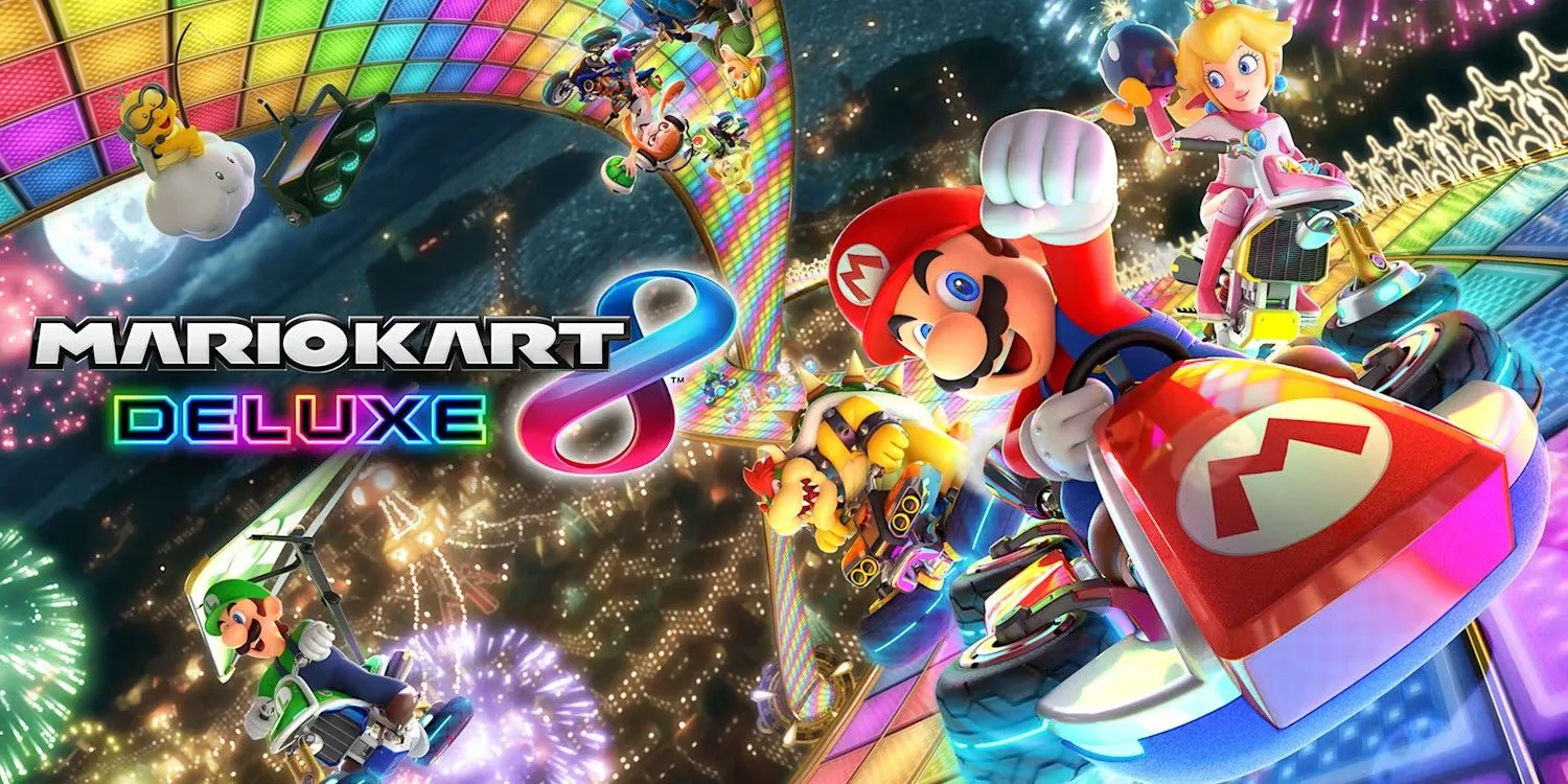 Couverture de Mario Kart 8 Deluxe mettant en vedette Mario et ses amis sur une piste éclairée au néon.