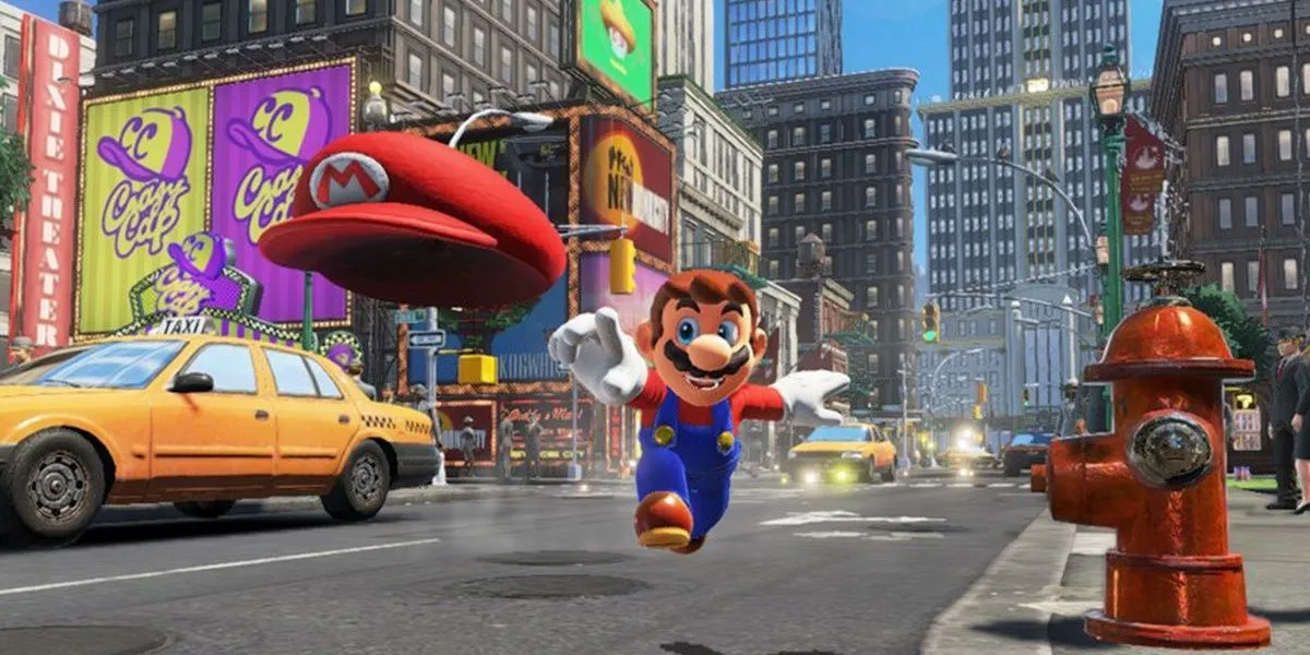 Mario corre atrás do seu chapéu Cappy em Super Mario Odyssey.