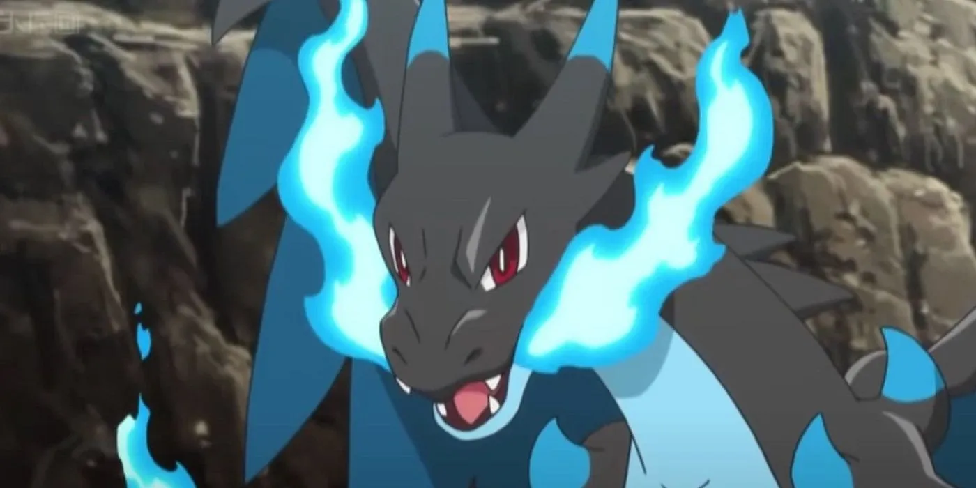 Mega Charizard X widziany w anime Pokémon.