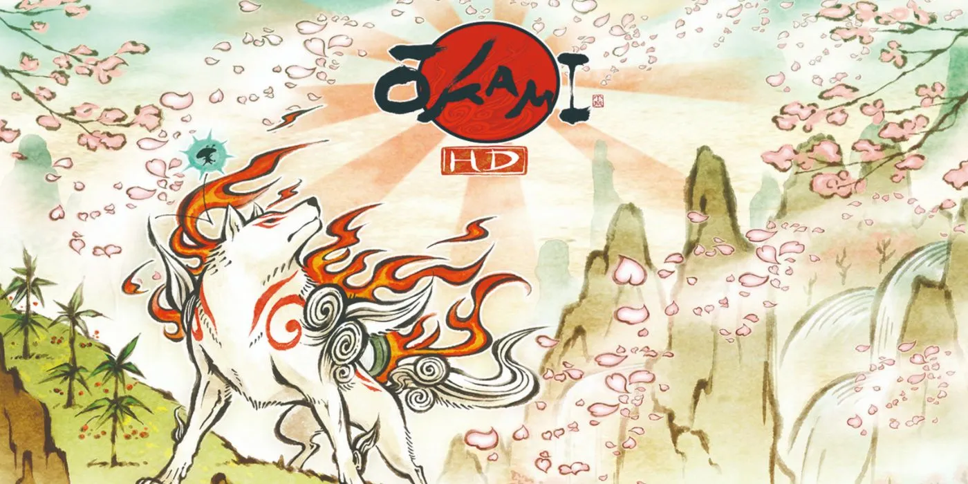 Arte principal de Okami HD apresentando o lobo branco Amaterasu na paisagem japonesa.