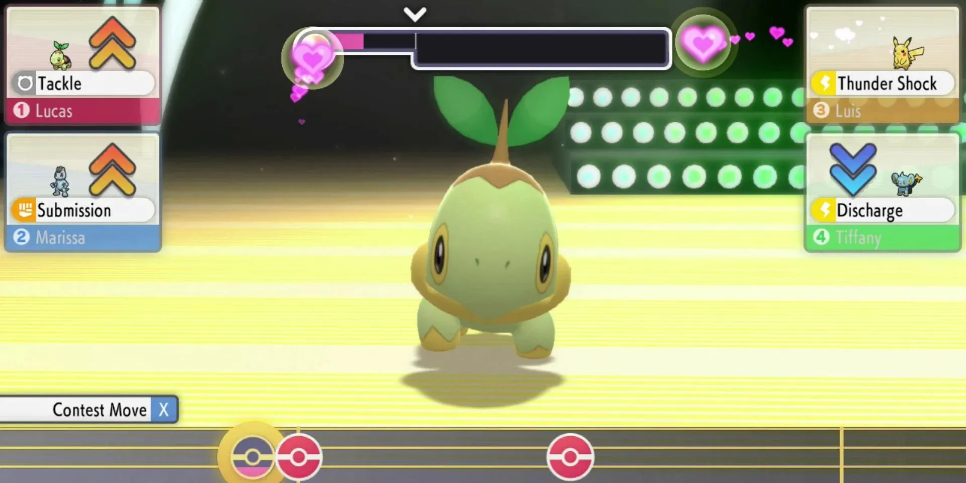 Um Turtwig dançando em um concurso em Pokémon Brilliant Diamond e Shining Pearl.