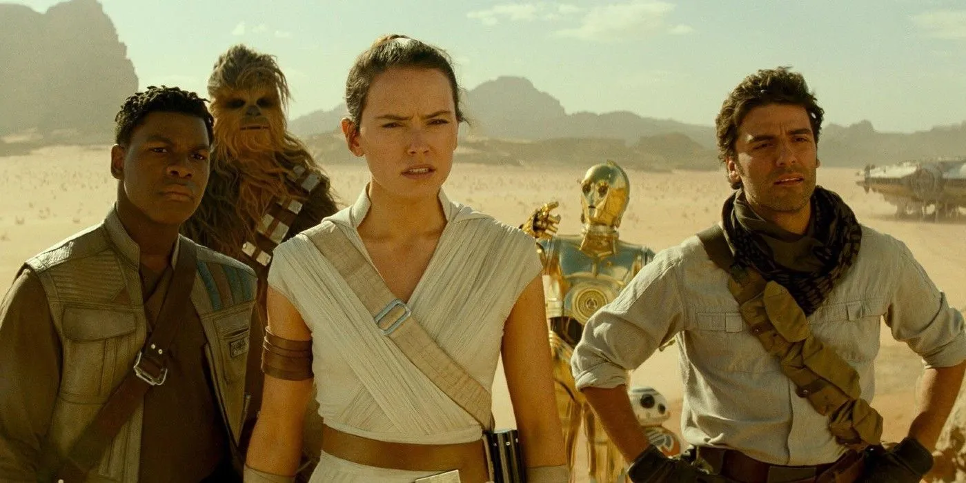 Finn, Chewie, Rey, 3PO y Poe en el desierto en Star Wars