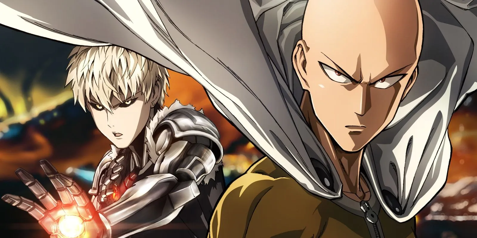 Saitama y Genos juntos, Saitama se ve serio y la palma de Genos se carga con una explosión.