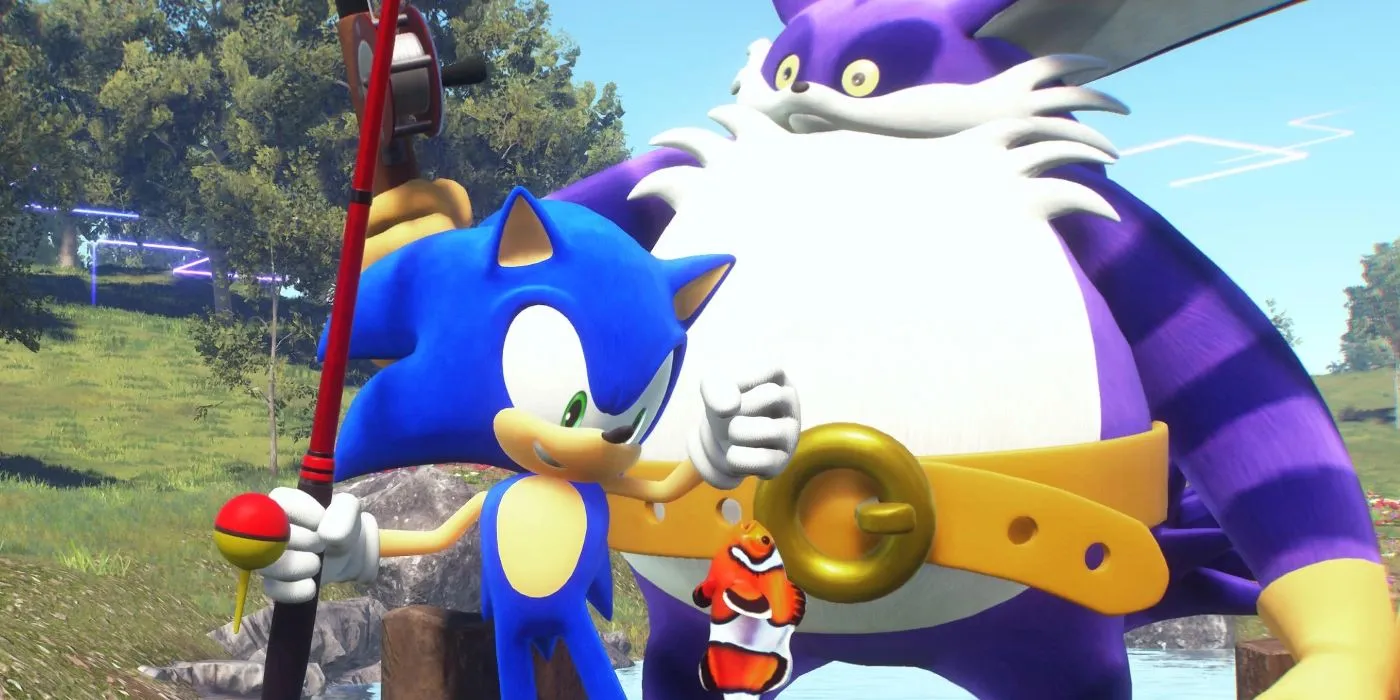 Imagen de Sonic the Hedgehog y Big the Cat como se ven en Sonic Frontiers. Sonic sostiene una caña de pescar y acaba de atrapar un pez payaso, con Big parado justo detrás de él.