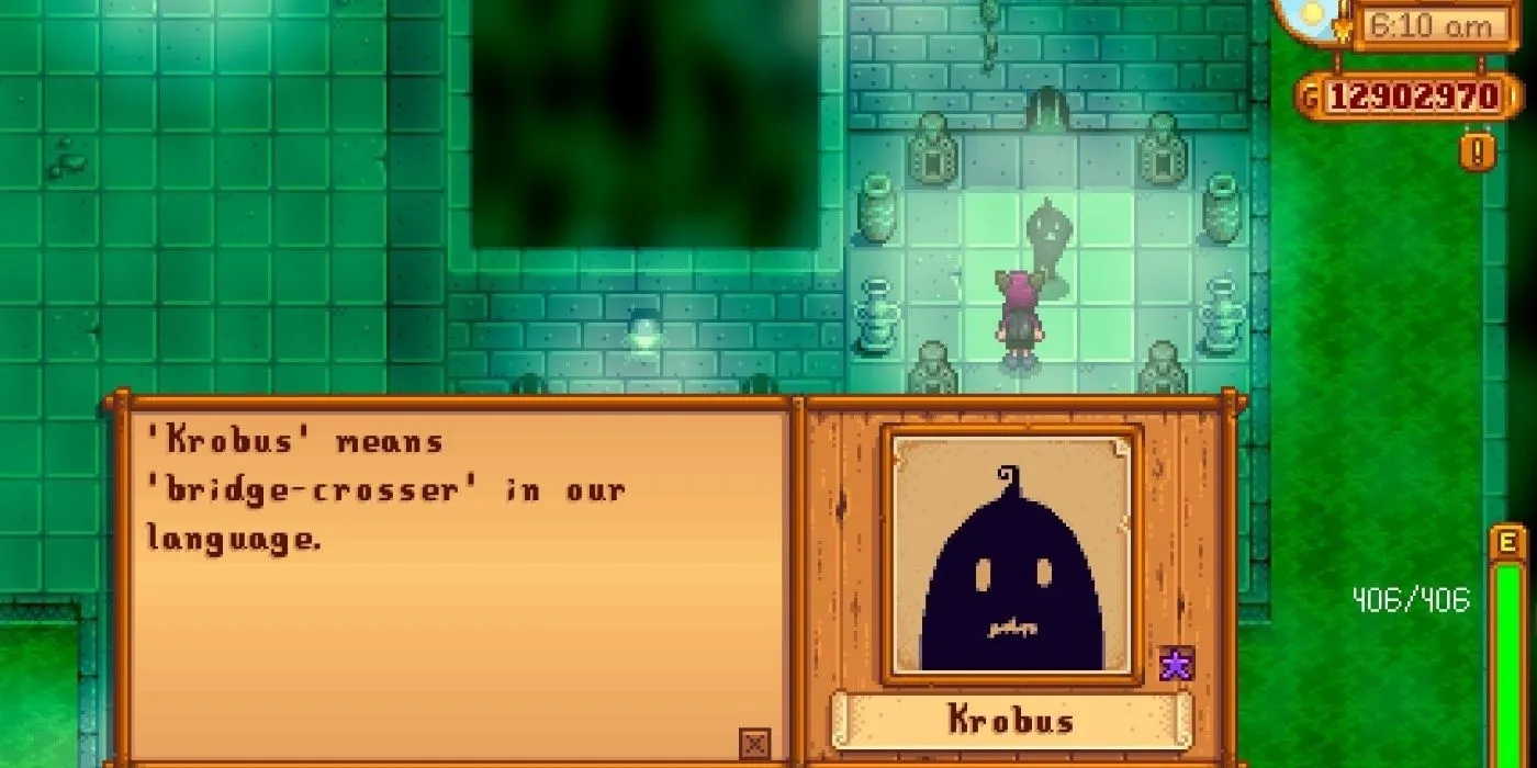 Krobus hablando en Stardew Valley