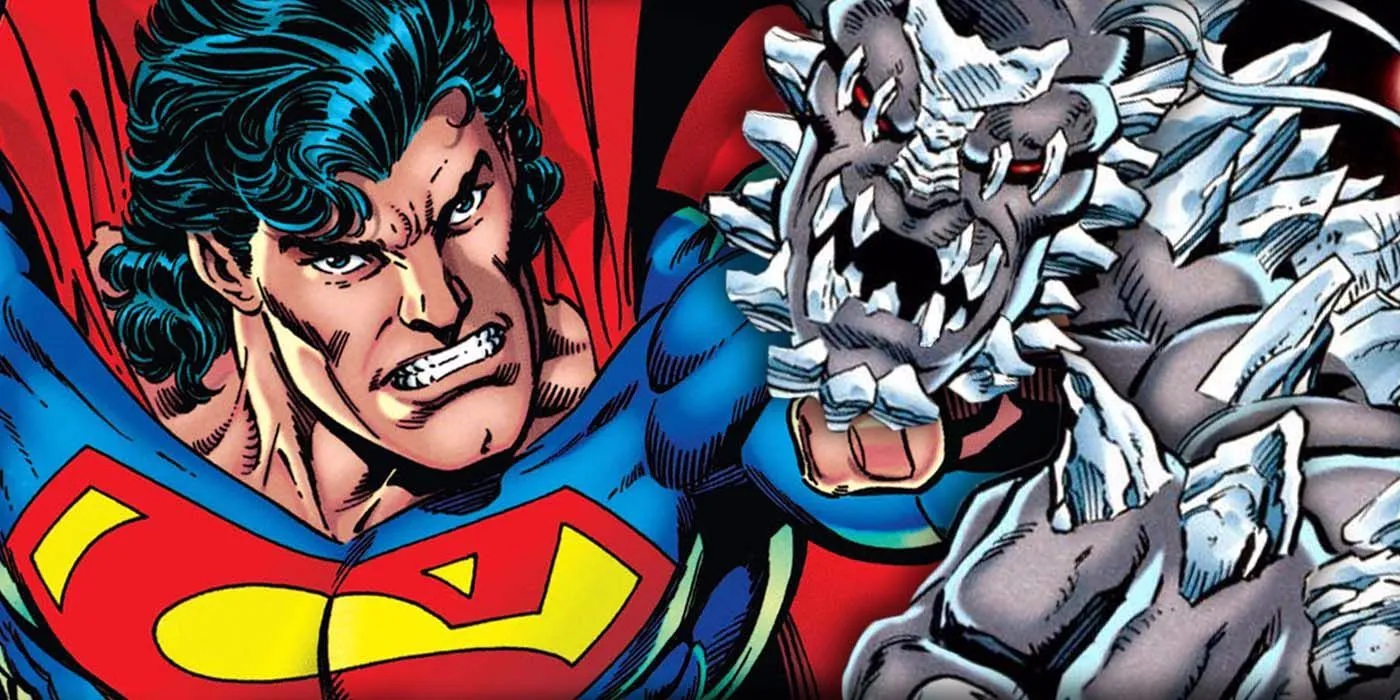 Arte de cómic: Superman en estilo años 90 junto a Doomsday.