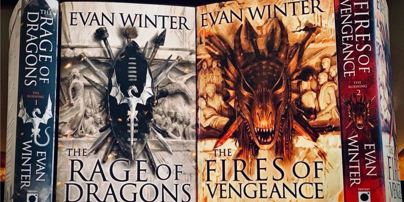 Portadas de los libros de la novela La furia de los dragones y los fuegos de la venganza de Evan Winter.