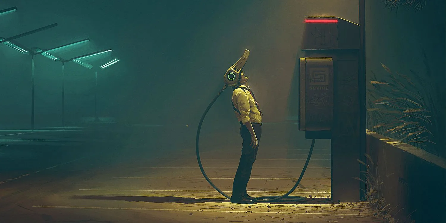 A man with a futuristic helmet on his head in The Electric State by Simon Stalenhag