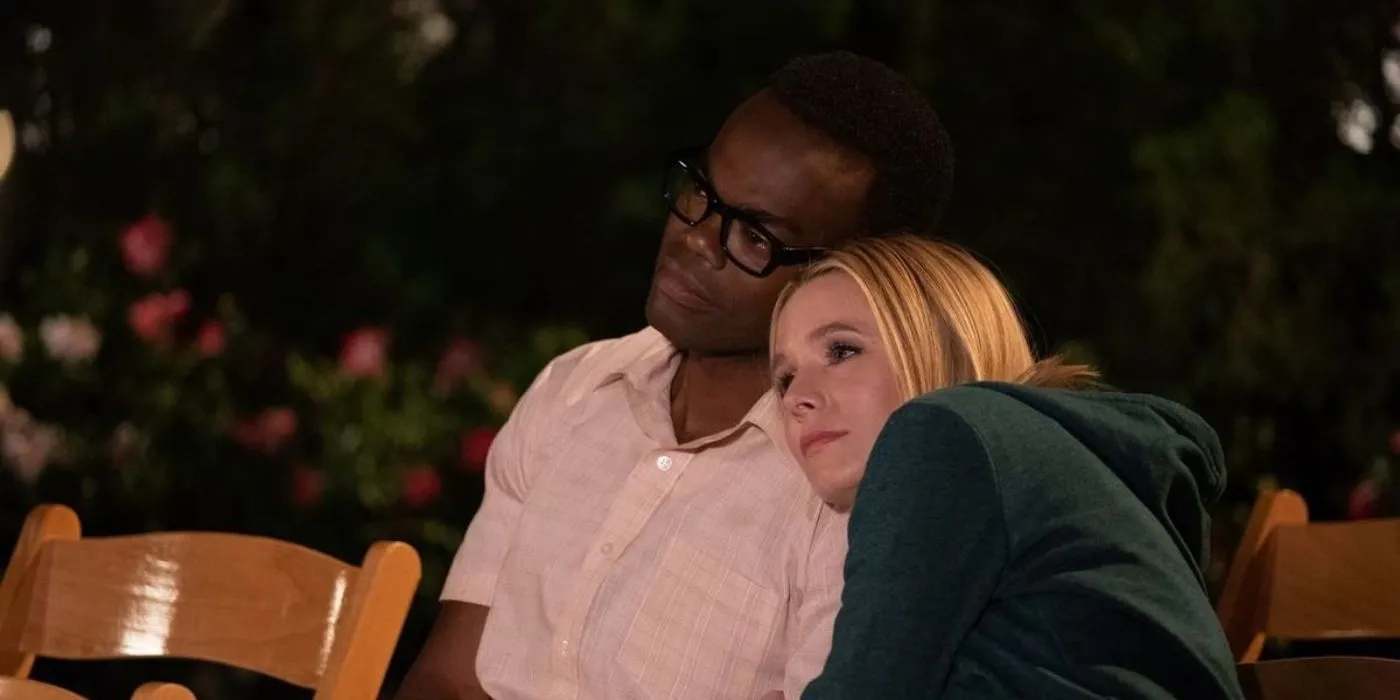 Chidi and Eleanor Leaning on Each Other in The Good Place