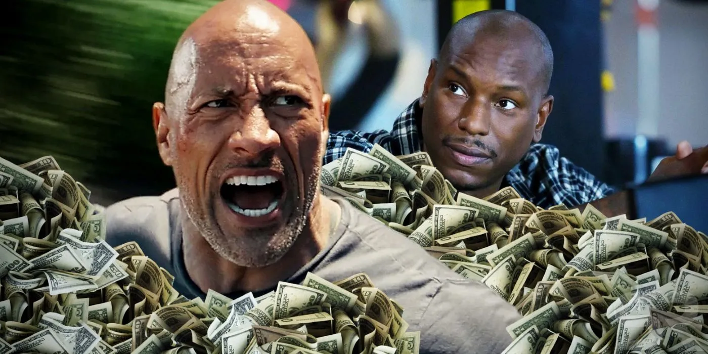 The Rock als Luke Hobbs schreit, während Tyrese Gibson als Roman Pearce in Fast & Furious mit Geld um sie herum aufschaut