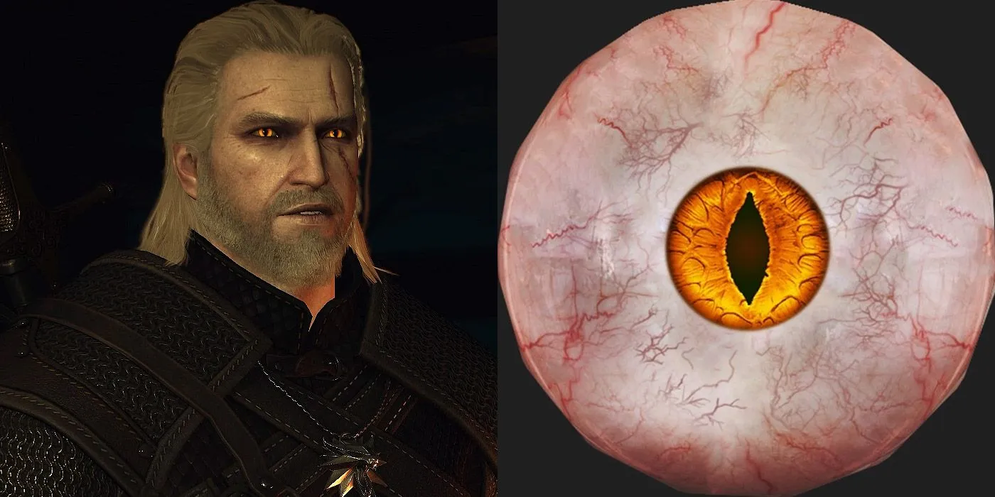 Imagen dividida de Geralt y primer plano de la textura del ojo de Witcher de The Witcher III