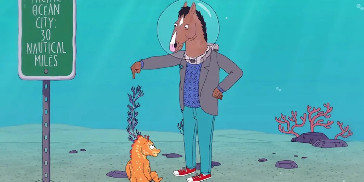 BoJack Horseman sous l'eau parlant à un poisson dans Fish Out of Water.