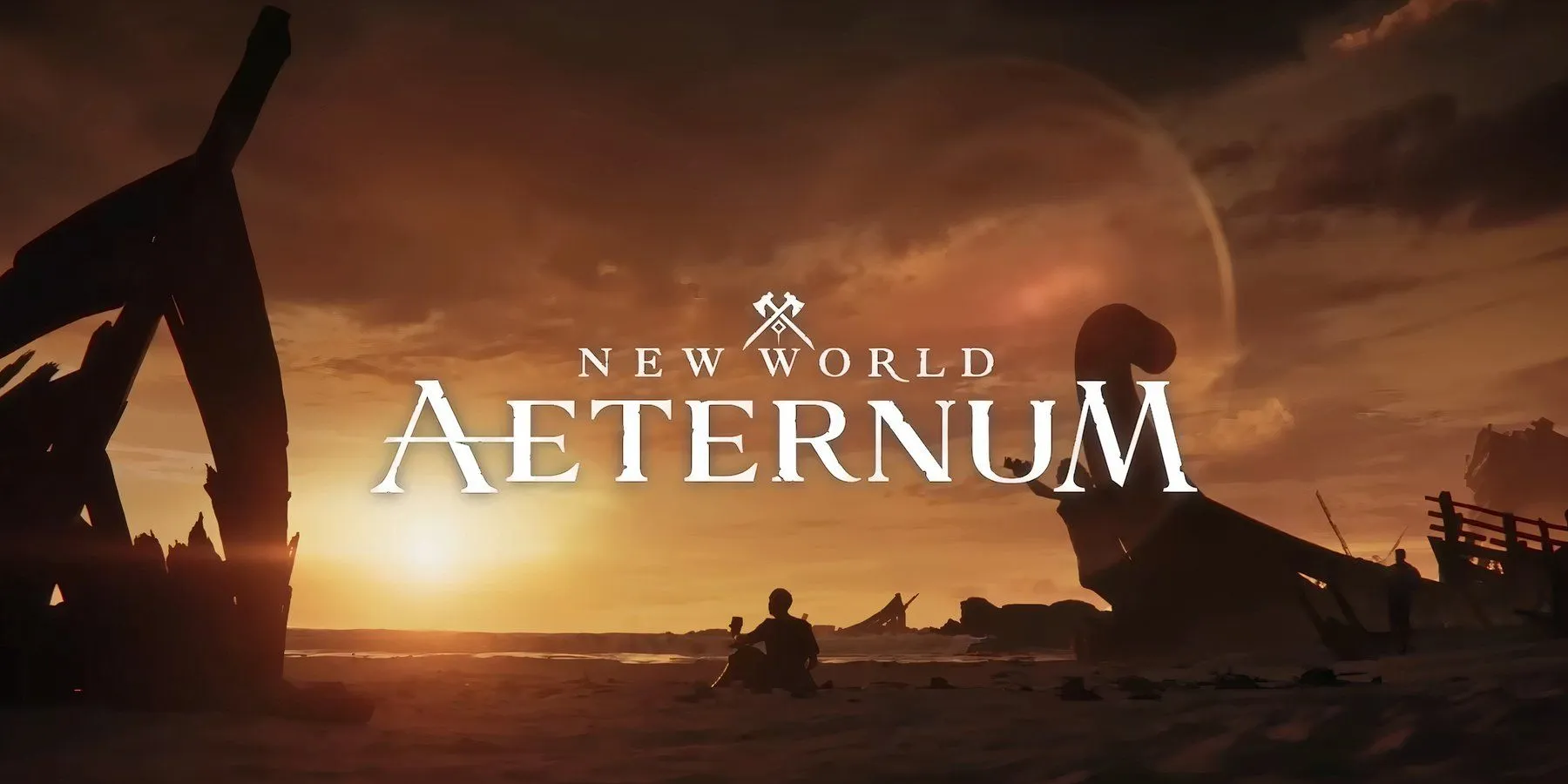 Un personnage assis devant le coucher de soleil avec le logo New World Aeternum devant lui dans le niveau secret