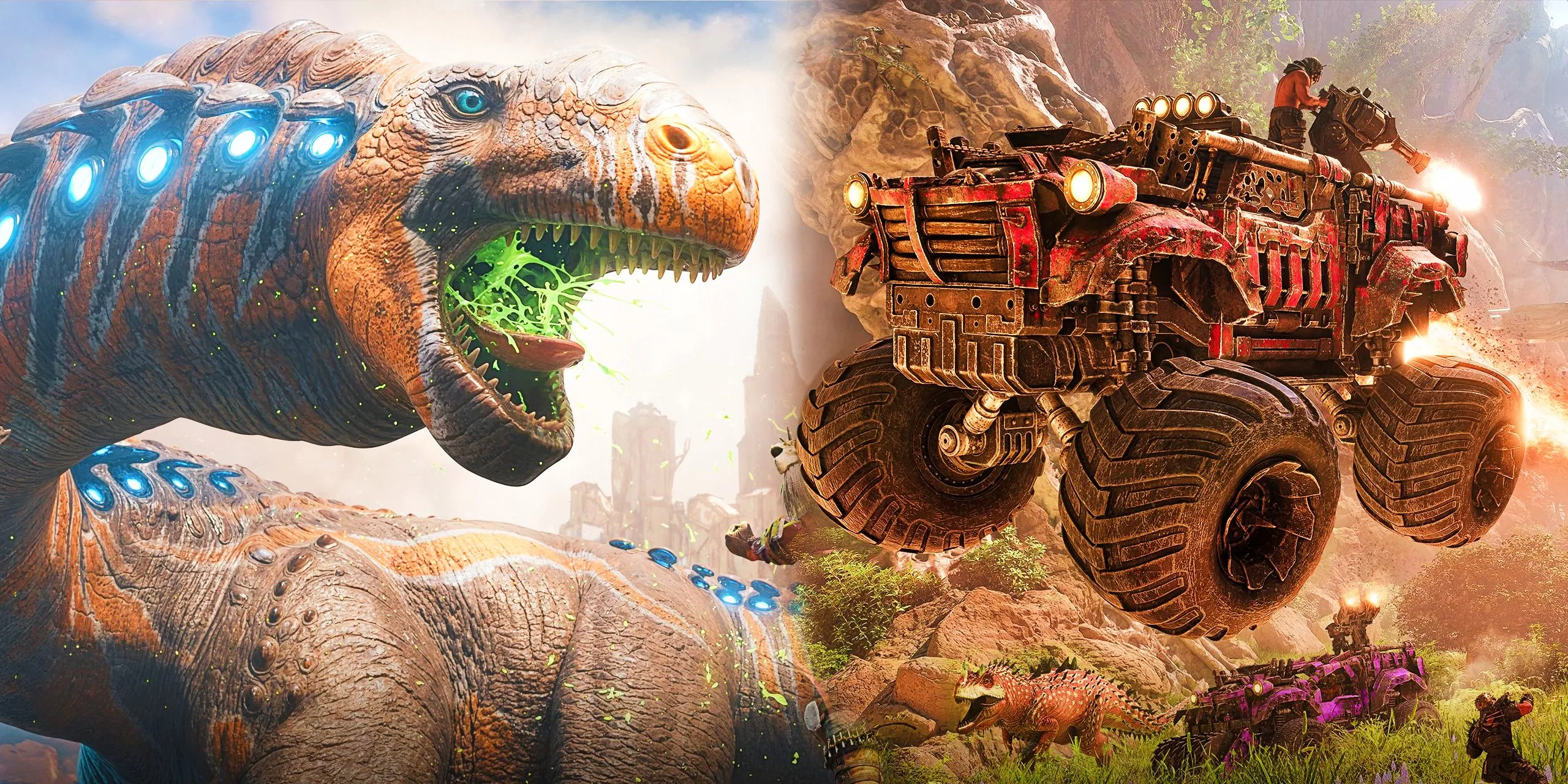 Dreadnoughtus-Dino und ein individuelles Fahrzeug im Extinction-Update von Ark Survival Ascended.