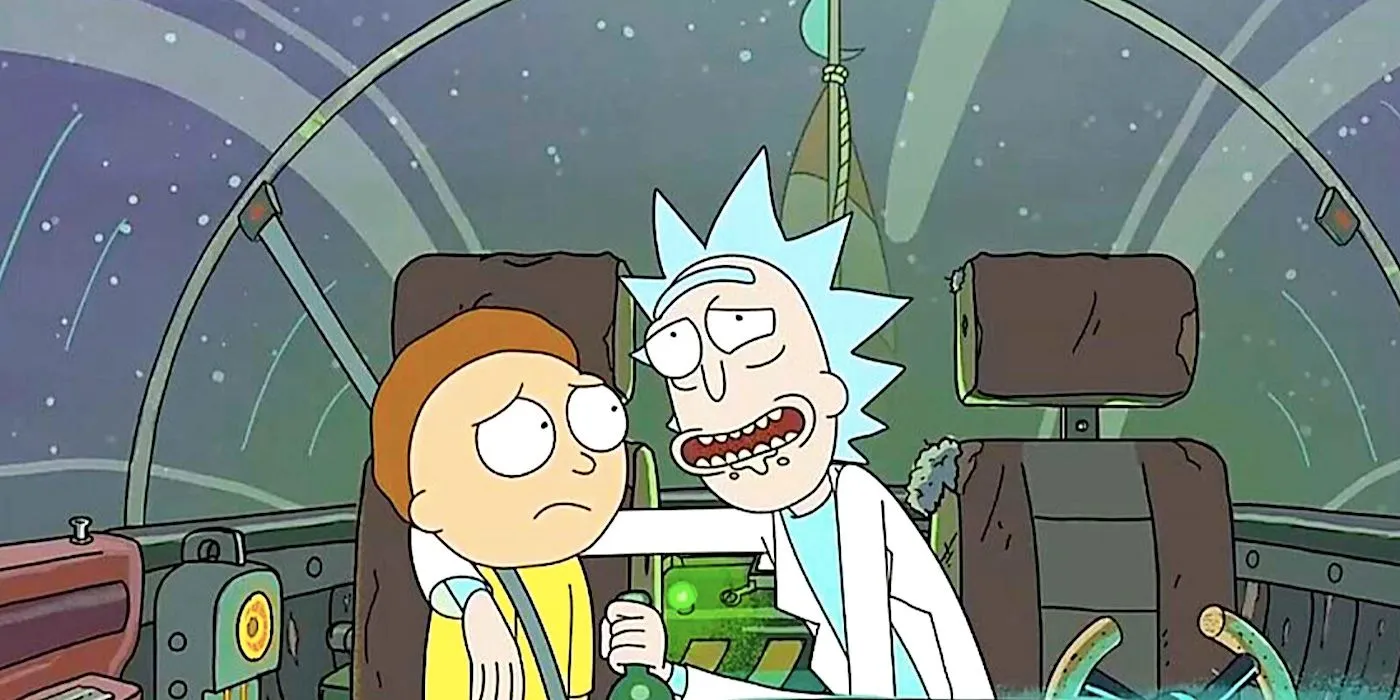 Un Rick ubriaco sorride mentre Morty sembra preoccupato nell'episodio 1 della stagione 1 di Rick e Morty