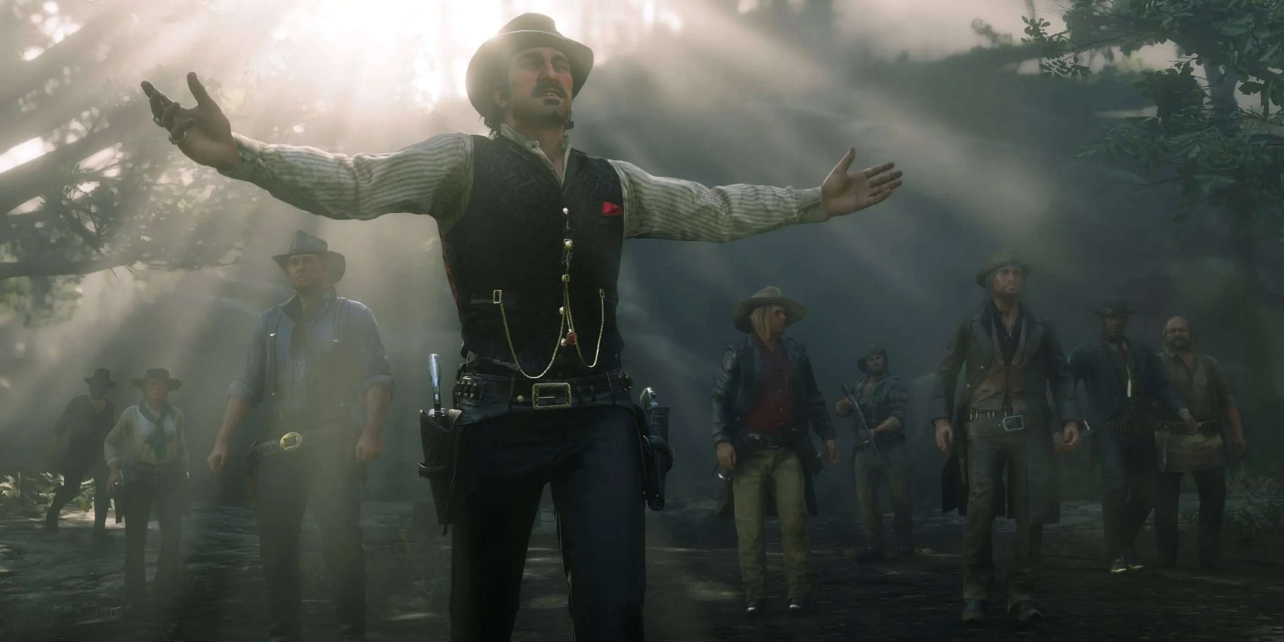 Dutch 在 Red Dead Redemption 2 中向他的幫派講話。