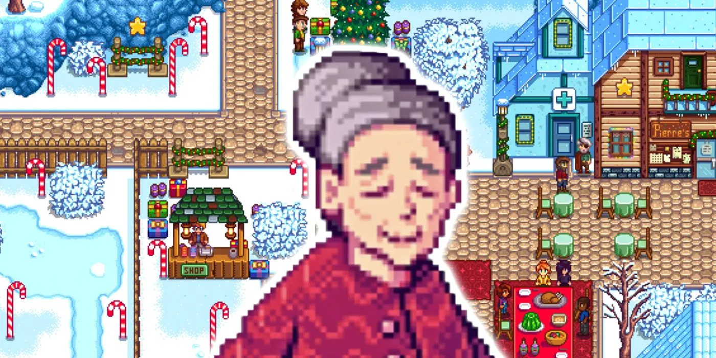 Evelyn de Stardew Valley con un abrigo rojo y sonriendo, detrás de ella hay una escena de la Fiesta de la Estrella de Invierno.