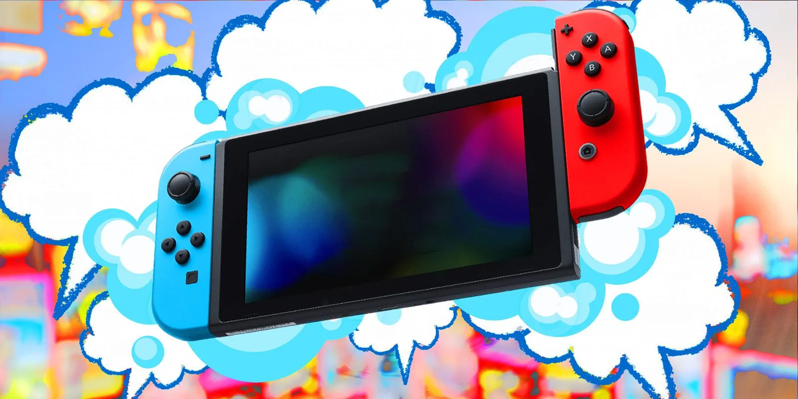 Nintendo Switch z animowanymi, rozmawiającymi chmurami