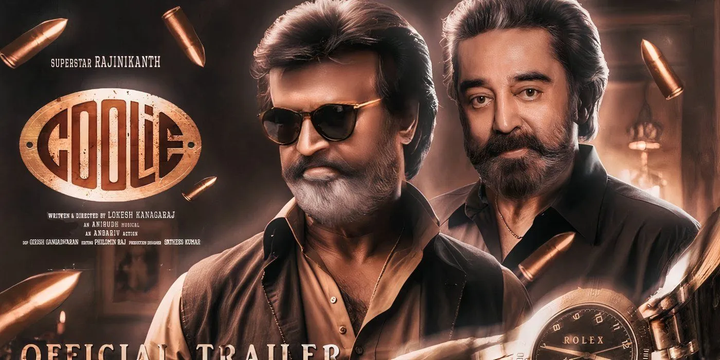 Un póster del tráiler oficial de Coolie con Rajinikanth y otro hombre.