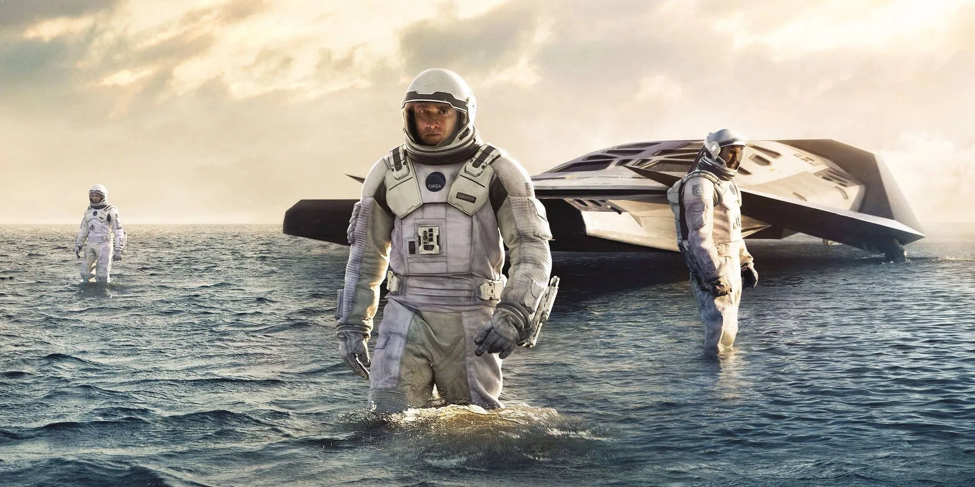 Astronauts walking in water in a promotional image for Interstellar