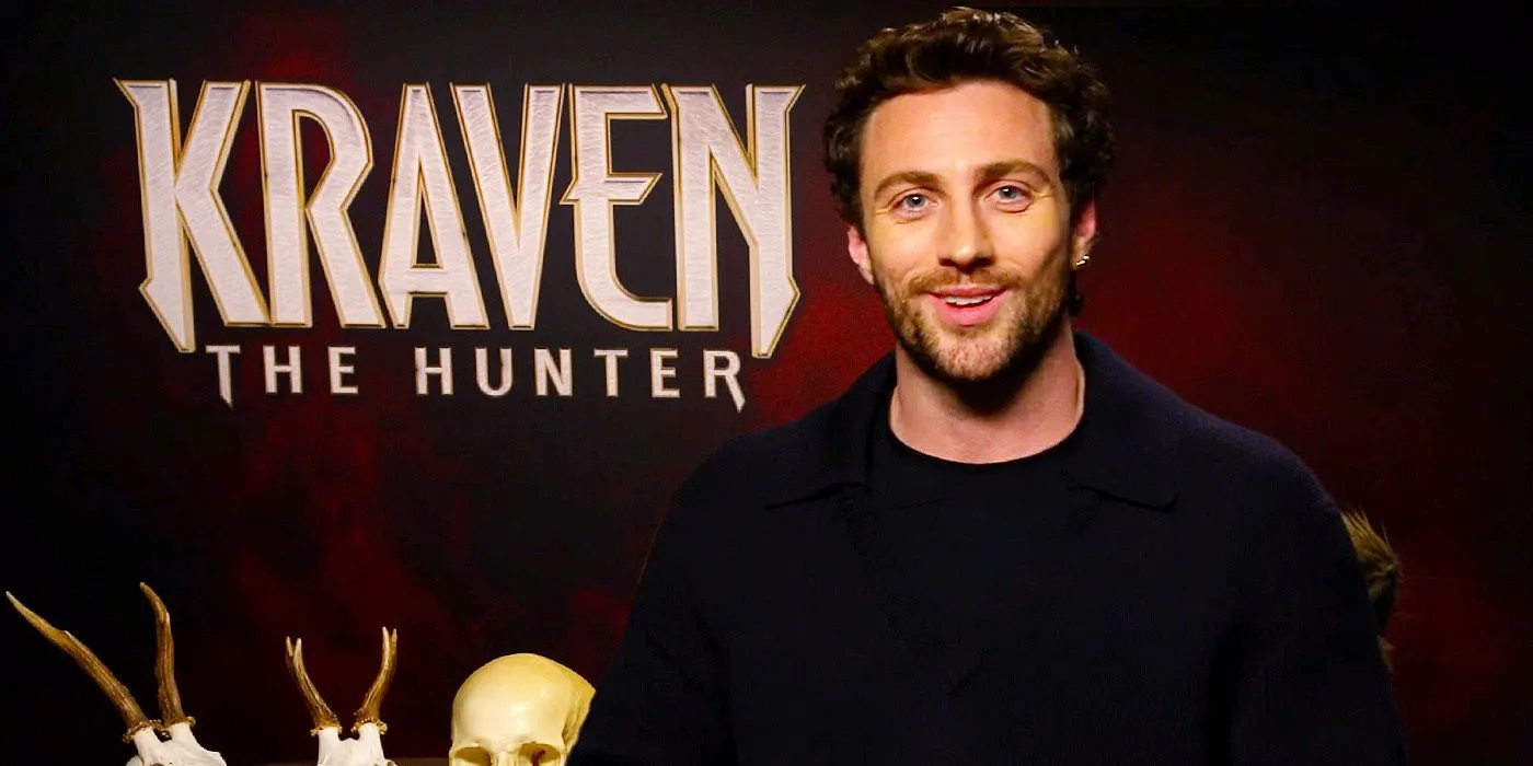 Aaron Taylor Johnson sorrindo durante entrevista com Kraven the Hunter