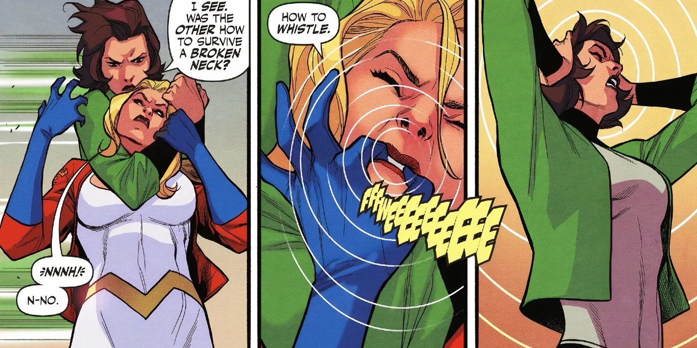 Power Girl usa il suo fischio ad alta frequenza contro Faora