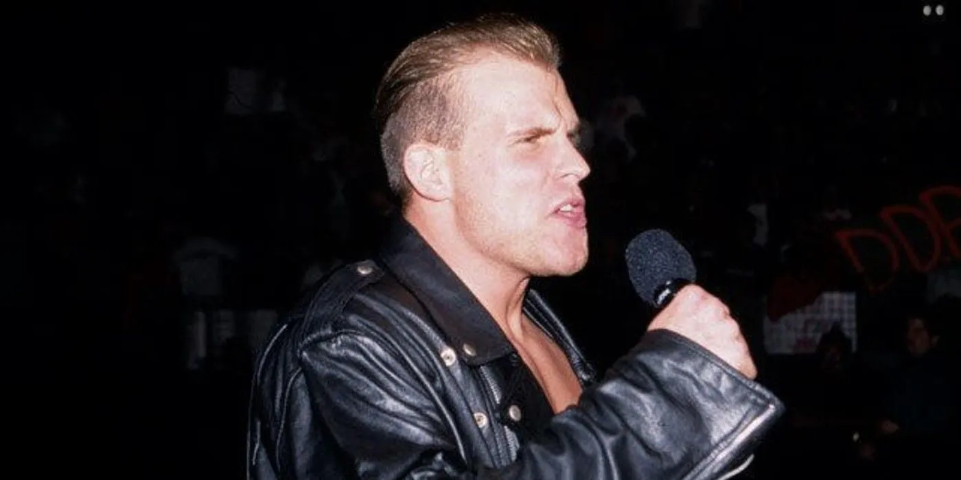 Alex Wright on the microphone for a WCW promo