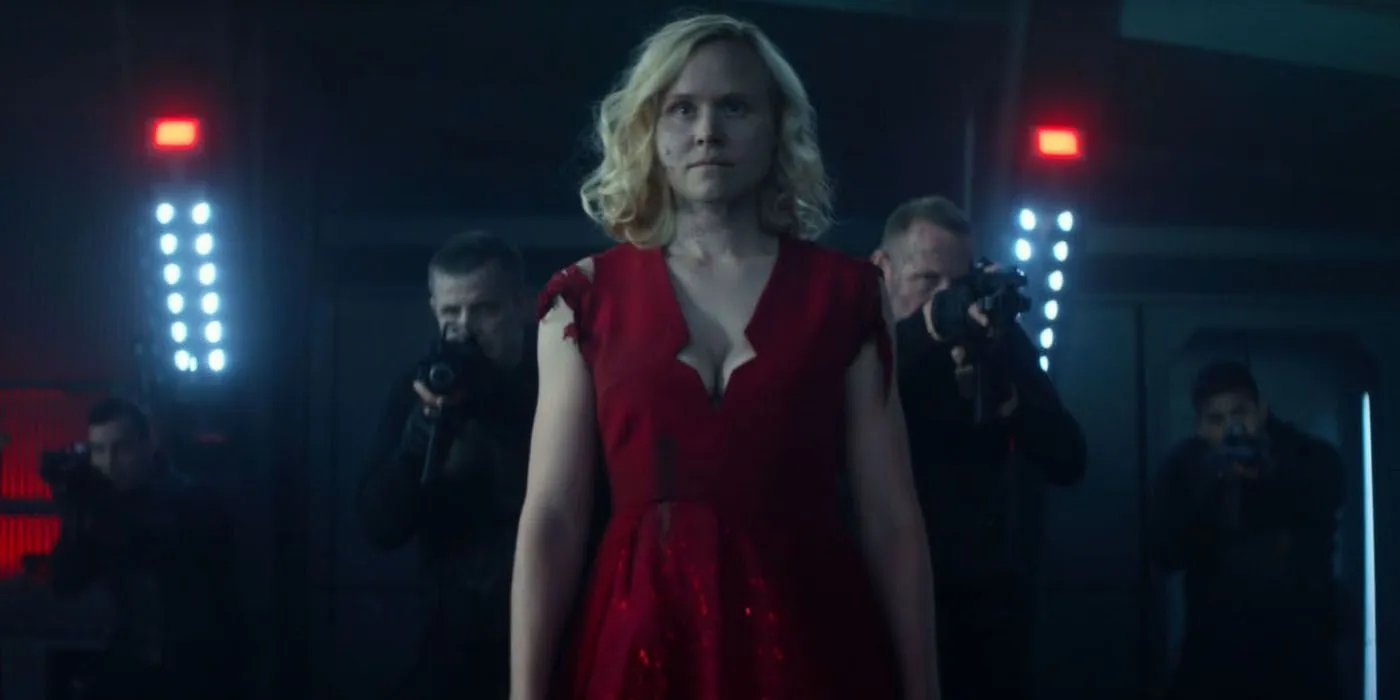 Alison Pill as the Borg Queen Jurati leads Soong's mercenary drones in Star Trek Picard