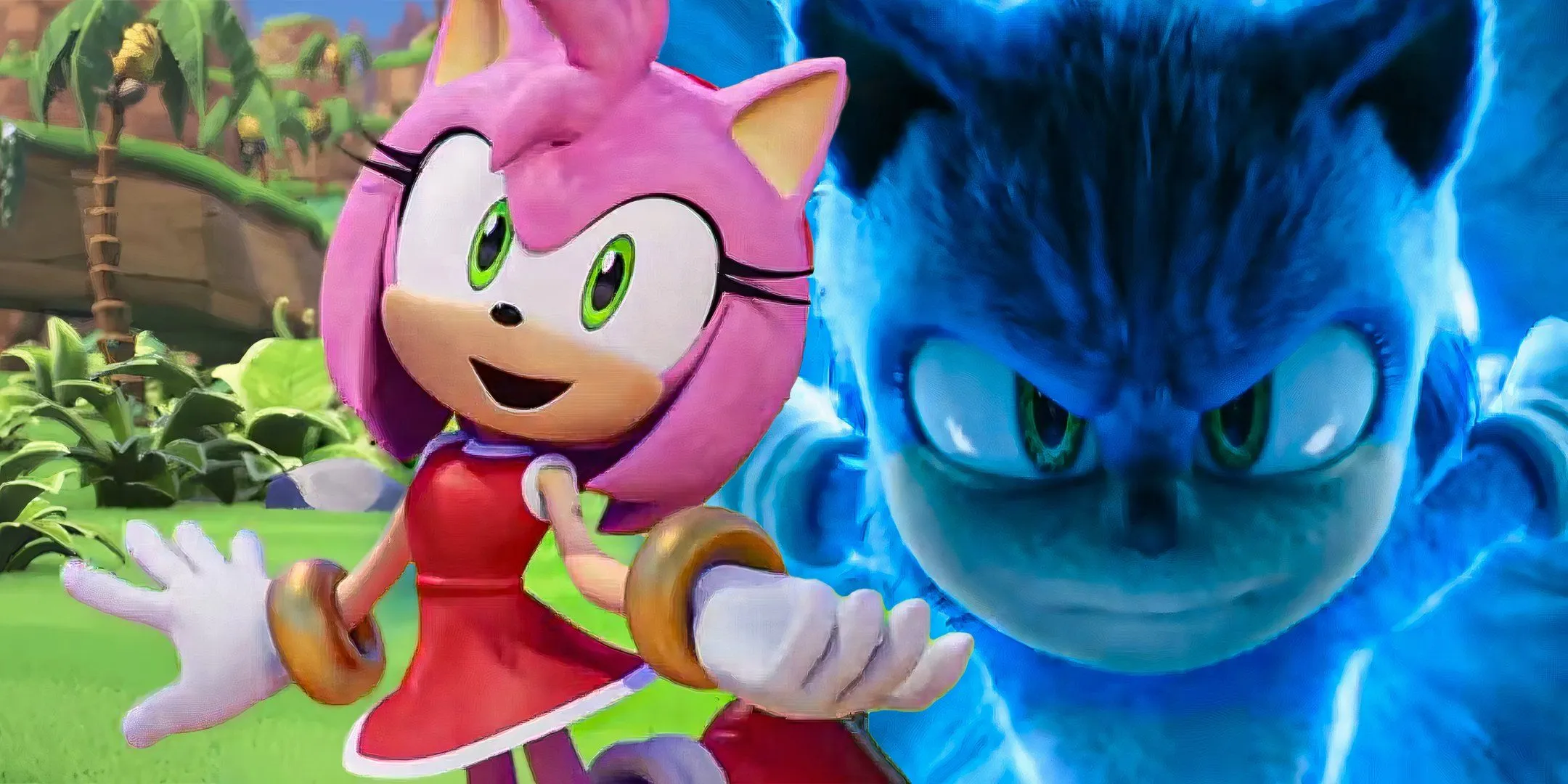 Amy Rose smiling in Sonic Prime and Sonic smiling while running through a tunnel in Sonic the Hedgehog 3