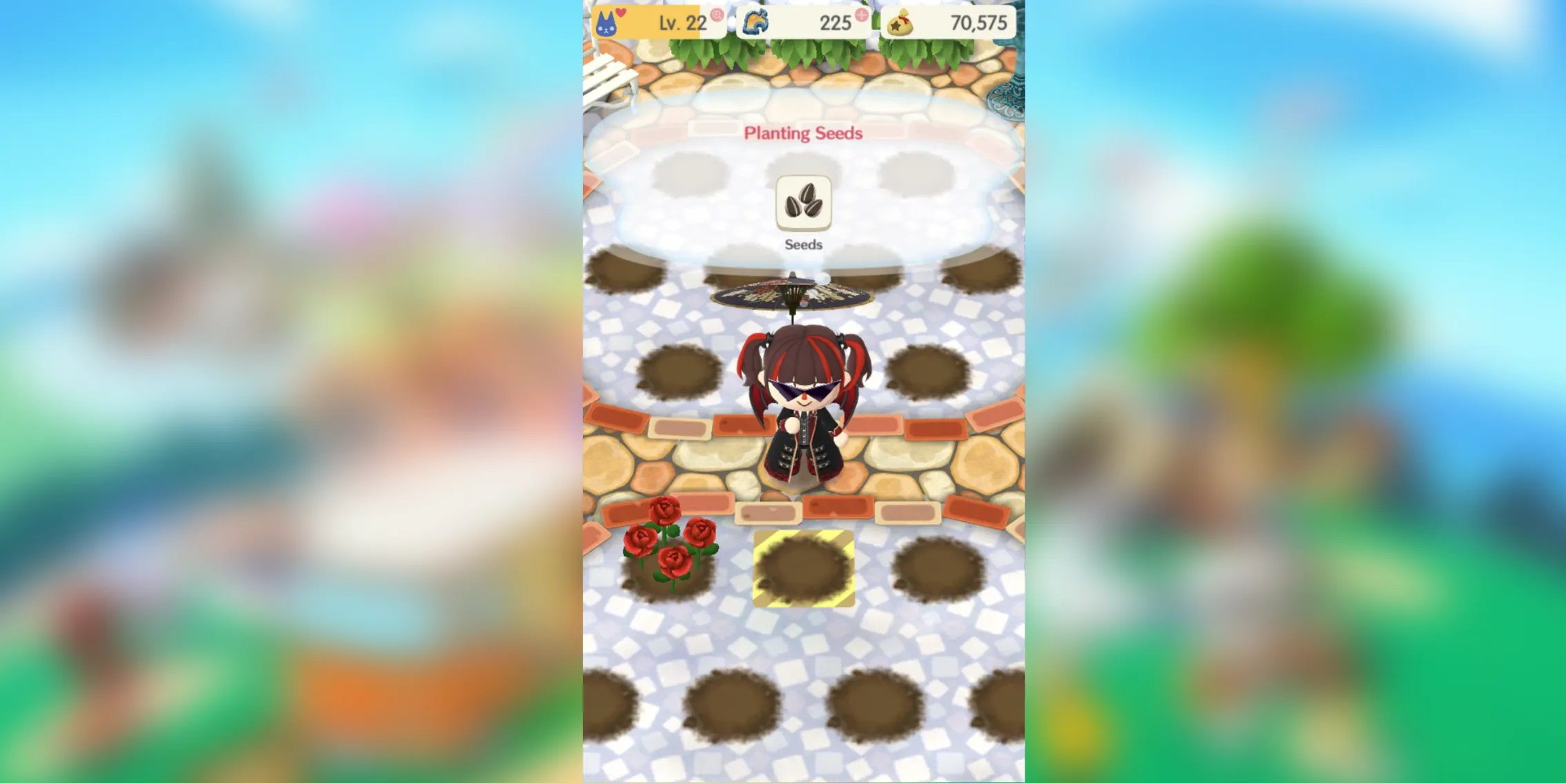 Animal Crossing Pocket Camp Avatar du joueur complet Jardinage avec des roses plantées