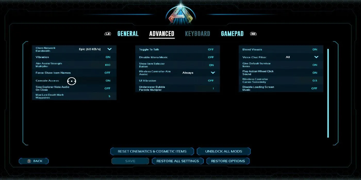 Ark Survival Ascended Advanced Menu