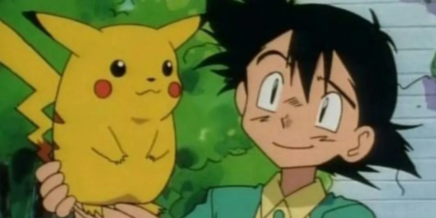 Ash trzymający Pikachu za rękę