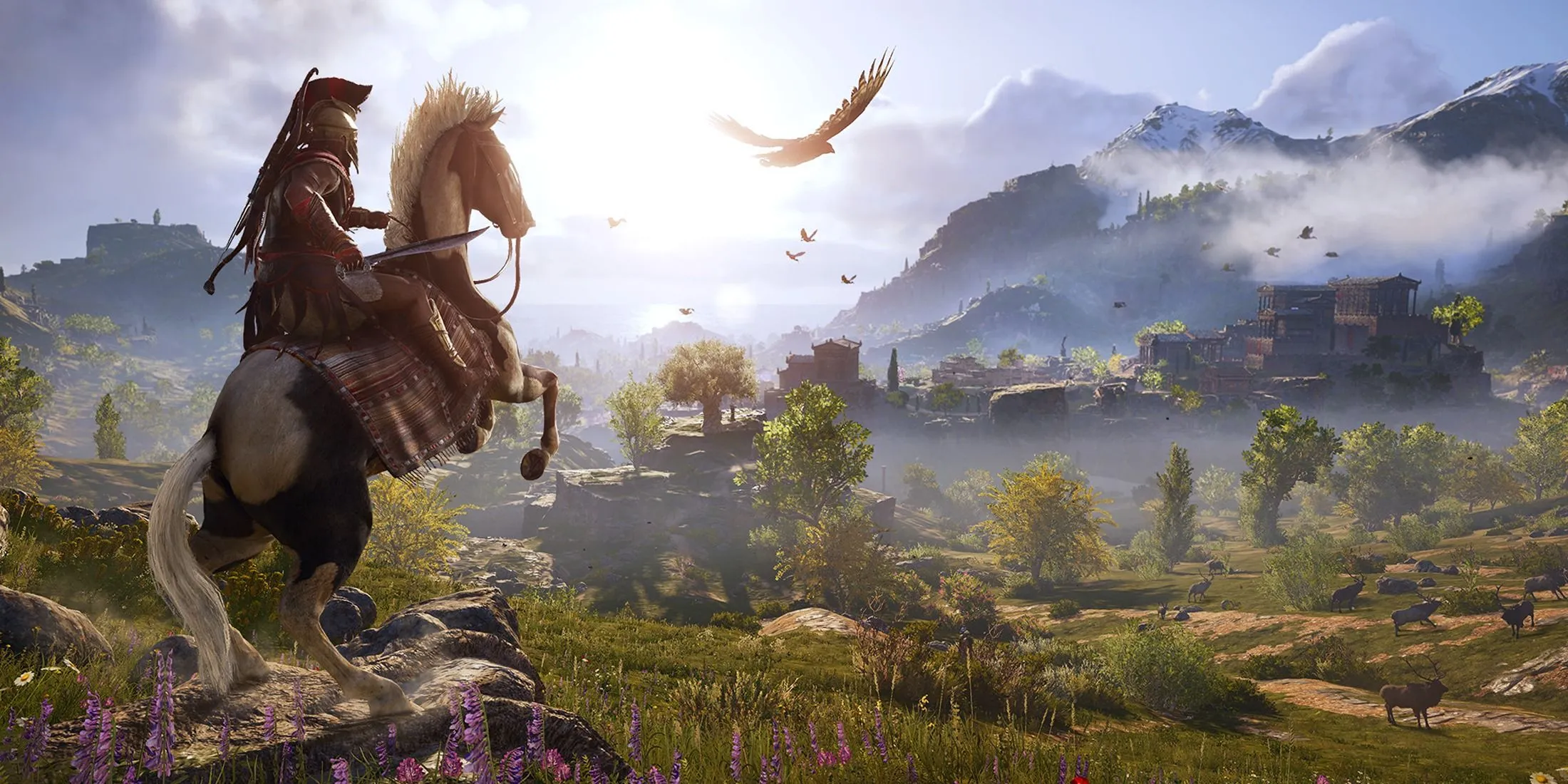 Alexios che alleva un cavallo in Assassin's Creed Odyssey